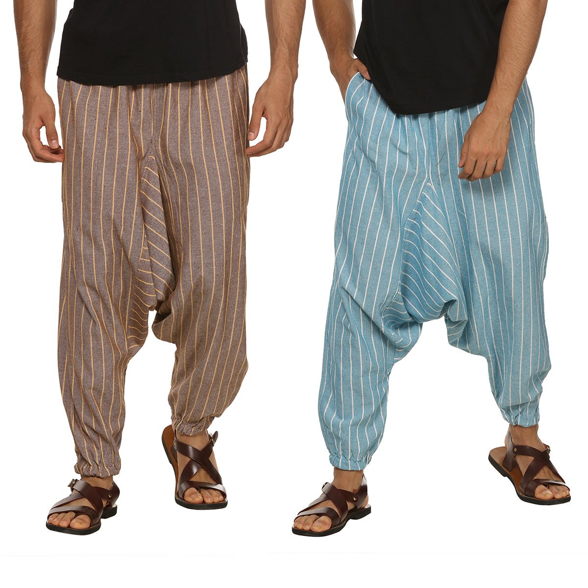 Men's Harem Pants Pack of 2| Blue & Black Stripes | Fits Waist Size 28 to 36 inches | Verified Sustainable by Brown Living™