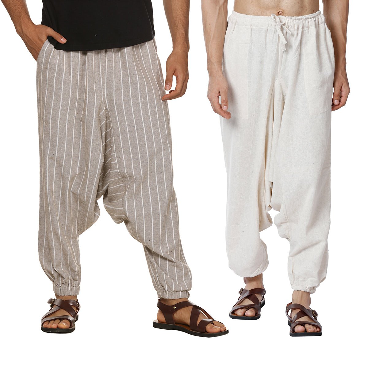 Men's Harem Pants Pack of 2| Cream & Grey Stripes | Fits Waist Size 28 to 36 inches | Verified Sustainable by Brown Living™