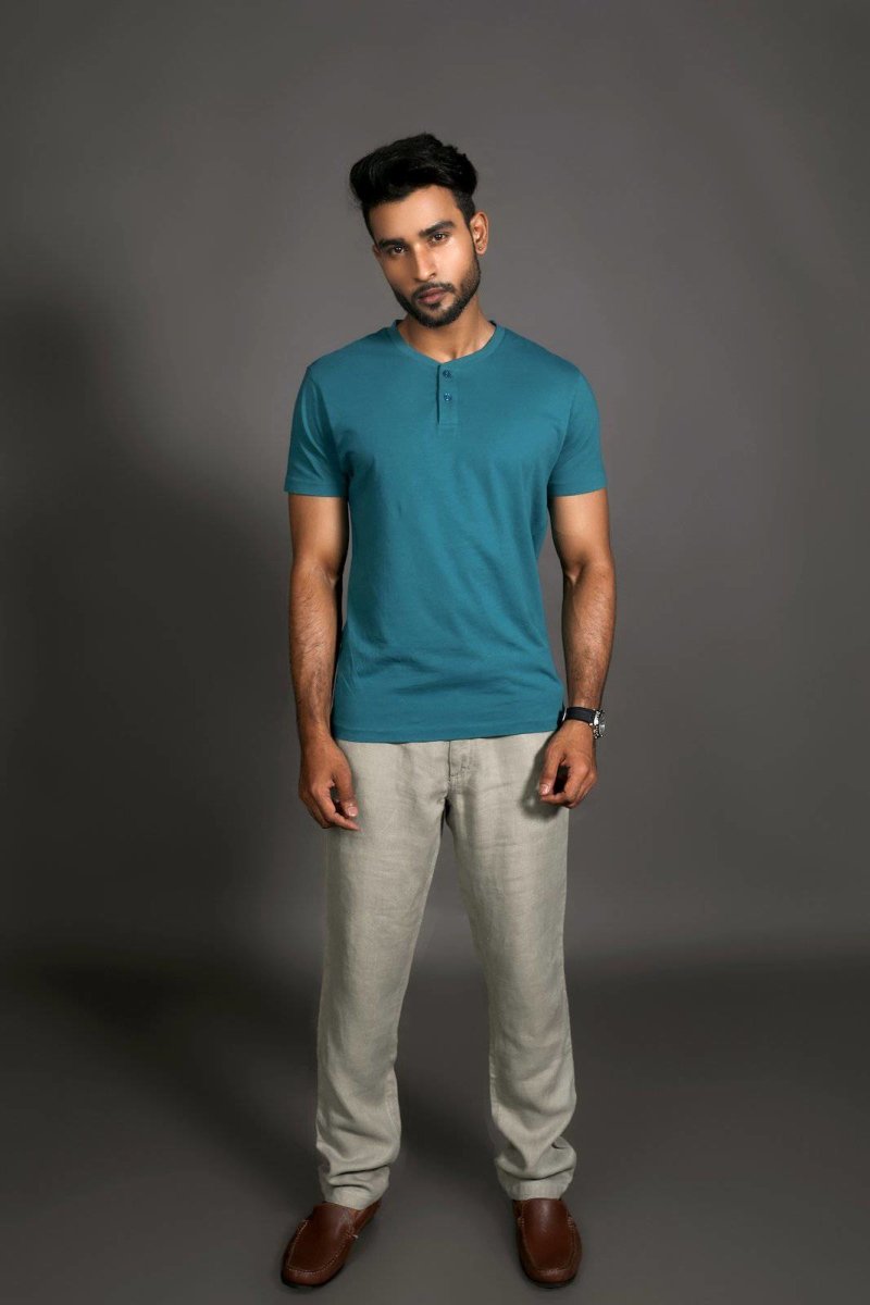 Men's Henley Tee - Supima Cotton - Aqua Teal - The Liquid Touch | Verified Sustainable by Brown Living™