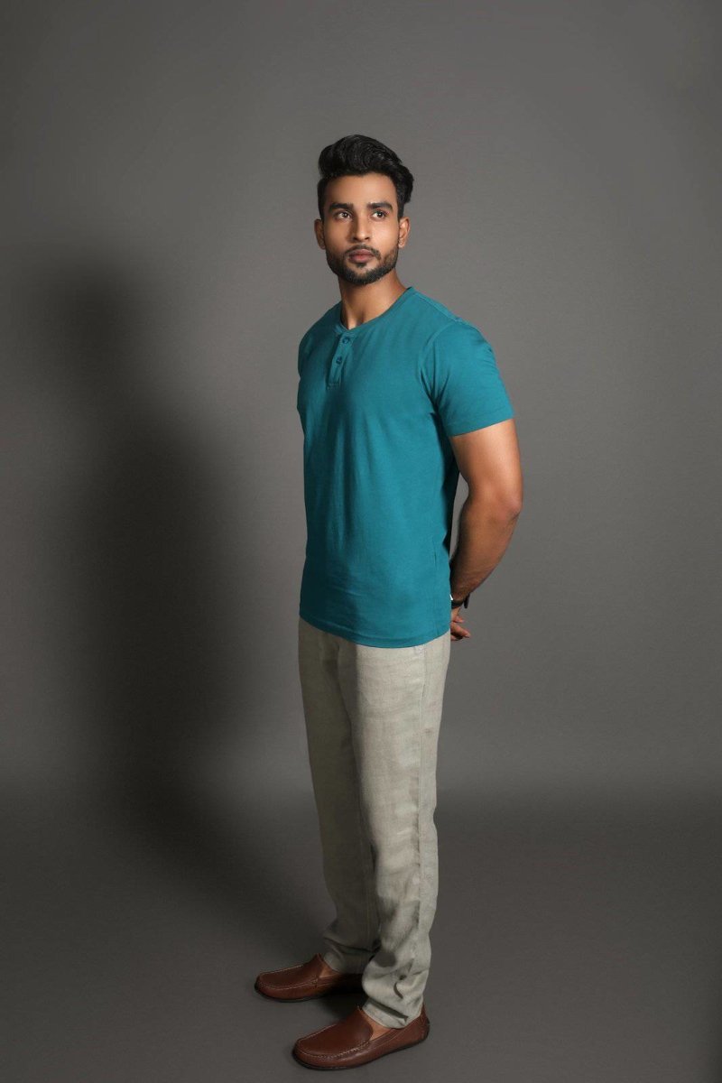 Men's Henley Tee - Supima Cotton - Aqua Teal - The Liquid Touch | Verified Sustainable by Brown Living™