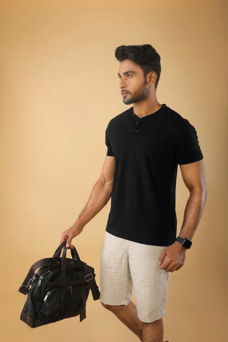 Buy Men's Henley Tee - Supima Cotton - Solid Black - The Liquid Touch | Shop Verified Sustainable Mens Tshirt on Brown Living™