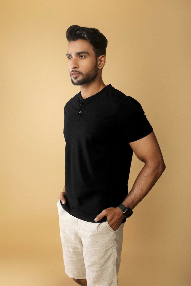 Men's Henley Tee - Supima Cotton - Solid Black - The Liquid Touch | Verified Sustainable by Brown Living™