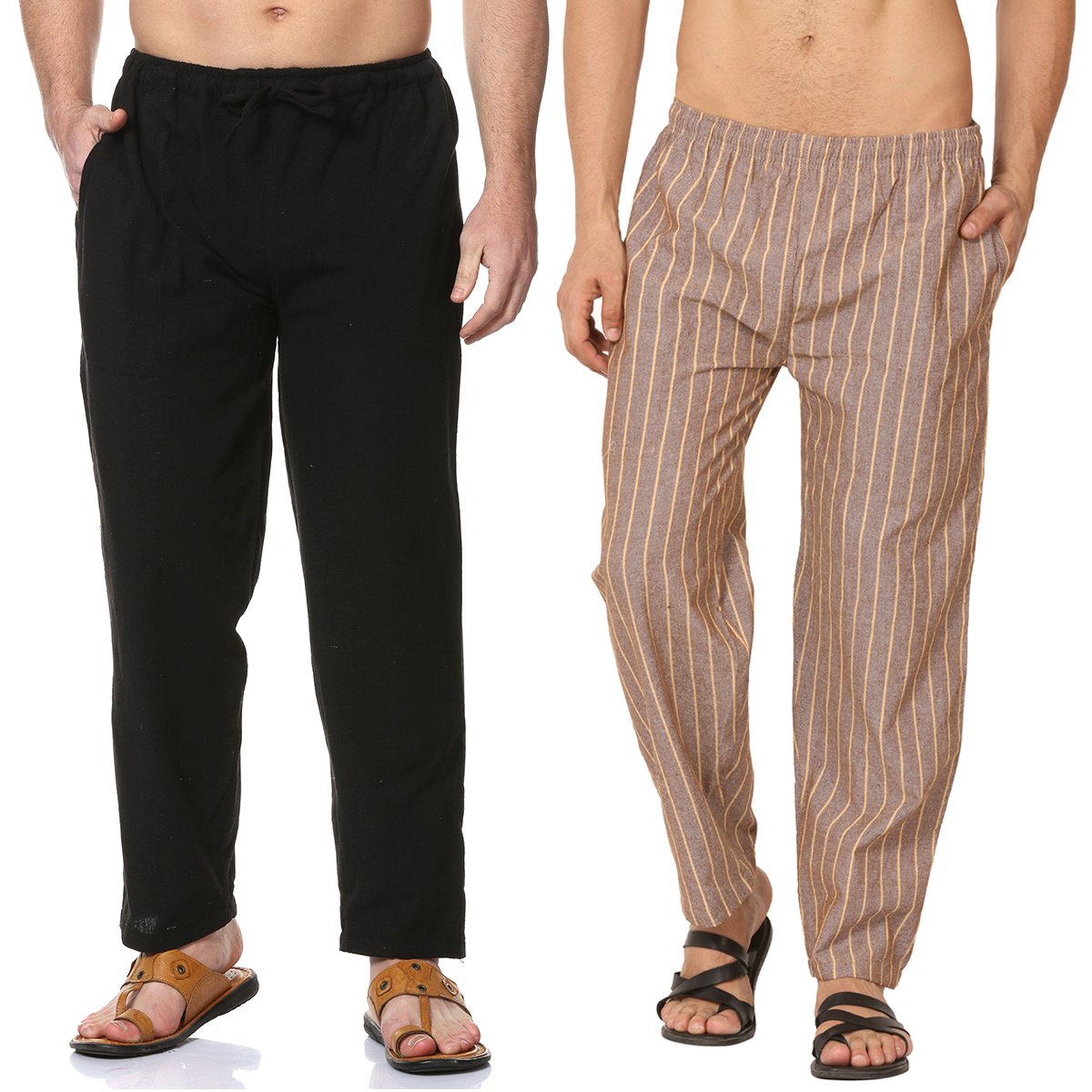 Men's Lounge Pants Pack of 2| Black & Brown Stripes | Fits Waist Size 28" to 36" | Verified Sustainable by Brown Living™