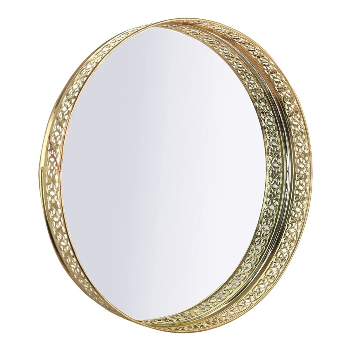 Metal Mirror Tray - Round | Best Gift for Birthdays, Diwali, Christmas & New Year (Gold) – Table Decor on Brown Living™. SKU: 1179. Img 1.
