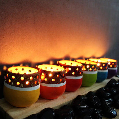 Mini Multicolured Tea Light Holders - Set Of 6 with Free 6 Soywax Candles | Verified Sustainable by Brown Living™