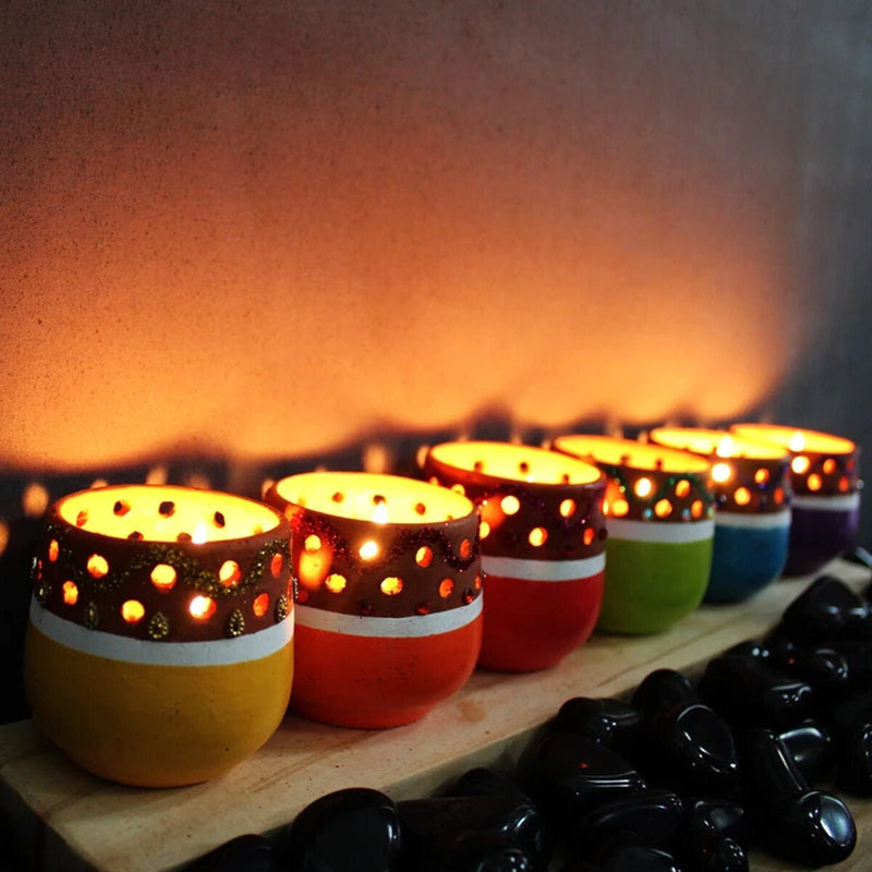 Buy Mini Multicolured Decorated Tea Light Holders- Set Of 6 with Free Candles | Shop Verified Sustainable Products on Brown Living