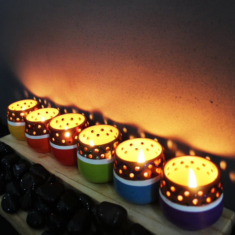 Buy Mini Multicolured Decorated Tea Light Holders- Set Of 6 with Free Candles | Shop Verified Sustainable Products on Brown Living