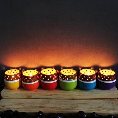 Mini Multicolured Tea Light Holders - Set Of 6 with Free 6 Soywax Candles | Verified Sustainable by Brown Living™