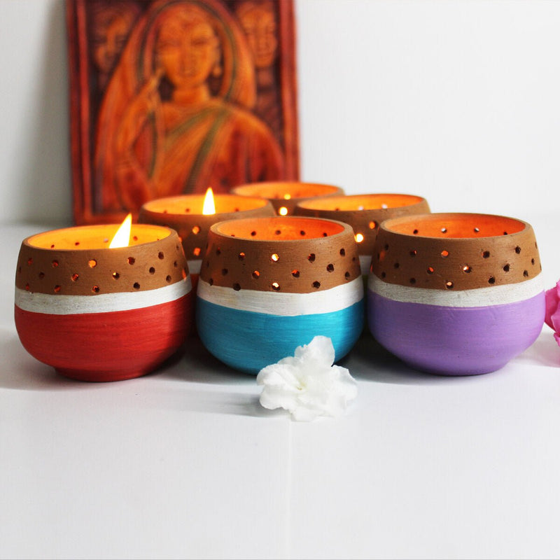 Buy Mini Multicolured Tea Light Holders Set- Of 6 with Free Candles | Shop Verified Sustainable Products on Brown Living