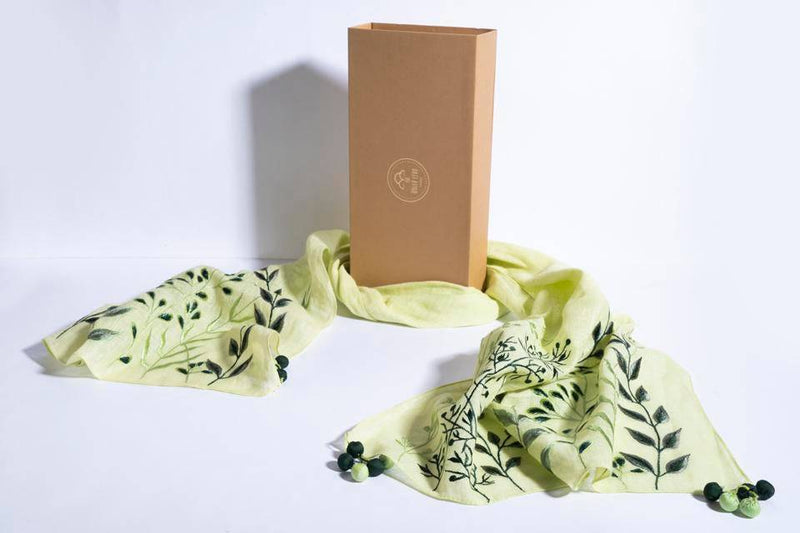 Buy Mint Green Linen Scarf With Embroidered Leaves And Corner Tassels | Shop Verified Sustainable Womens Scarf on Brown Living™