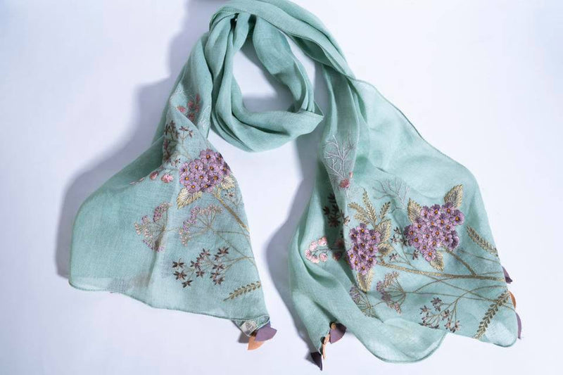 Buy Mint Linen Stole With Embroidered Corner Bunches & Tassels | Shop Verified Sustainable Womens Scarf on Brown Living™