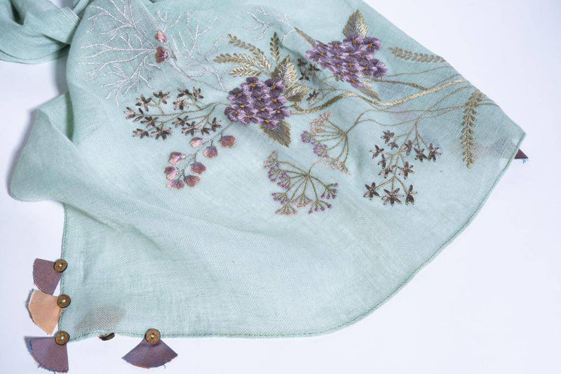 Buy Mint Linen Stole With Embroidered Corner Bunches & Tassels | Shop Verified Sustainable Womens Scarf on Brown Living™