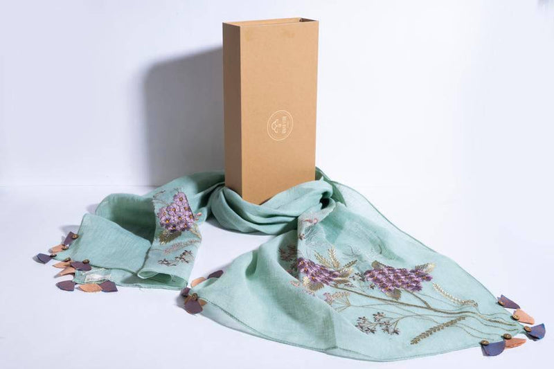 Buy Mint Linen Stole With Embroidered Corner Bunches & Tassels | Shop Verified Sustainable Womens Scarf on Brown Living™
