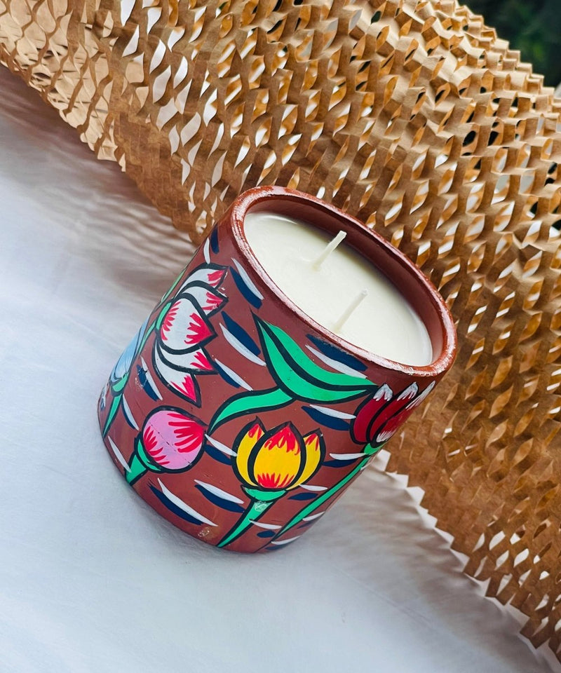 Buy Misht Scented Soy Wax Candle | Folk art on Terracotta Jar | Shop Verified Sustainable Candles & Fragrances on Brown Living™