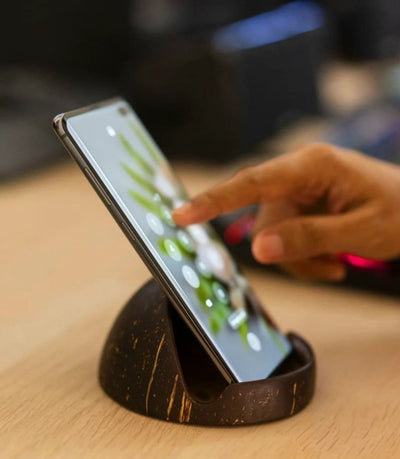 Mobile Holder | Made with Coconut Shell & Teak Wood – Desk Accessories on Brown Living™. SKU: THENGA30. Img 1.