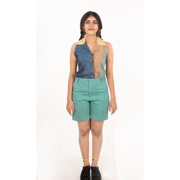 Buy Mojito Upcycled Teal Khadi Denim Shorts | Shop Verified Sustainable Products on Brown Living