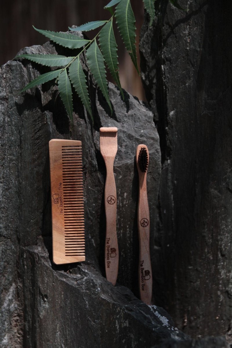 Morning Essential Kit | Neem Comb Toothbrush & Tongue Cleaner | Travel Friendly Combo | Verified Sustainable by Brown Living™