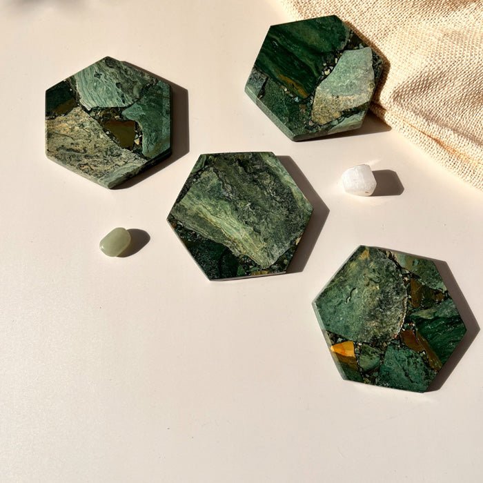 Buy Moss Agate Hexagon Coaster | Set of 4 | Shop Verified Sustainable Table Decor on Brown Living™