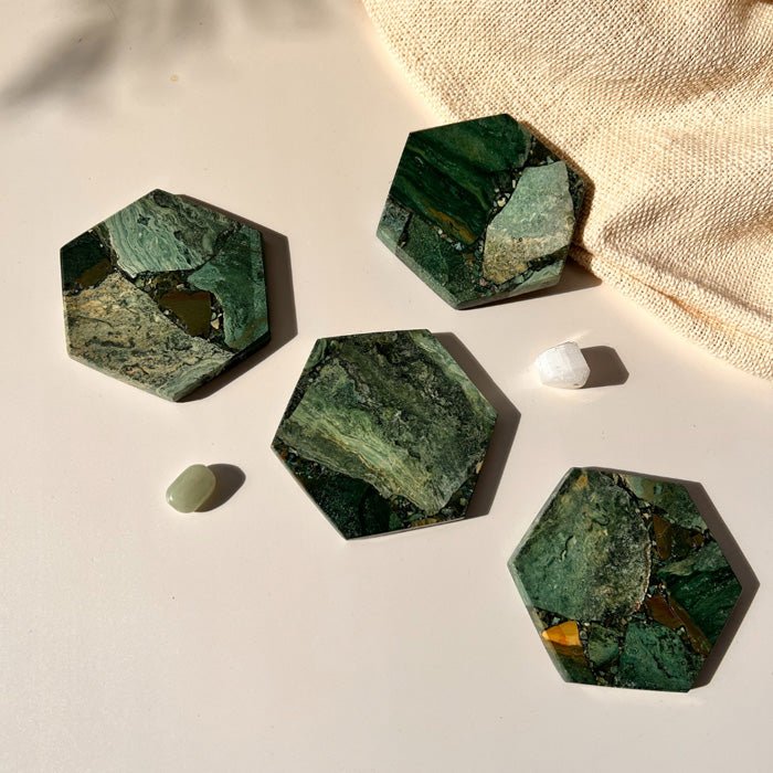 Buy Moss Agate Hexagon Coaster | Set of 4 | Shop Verified Sustainable Table Decor on Brown Living™