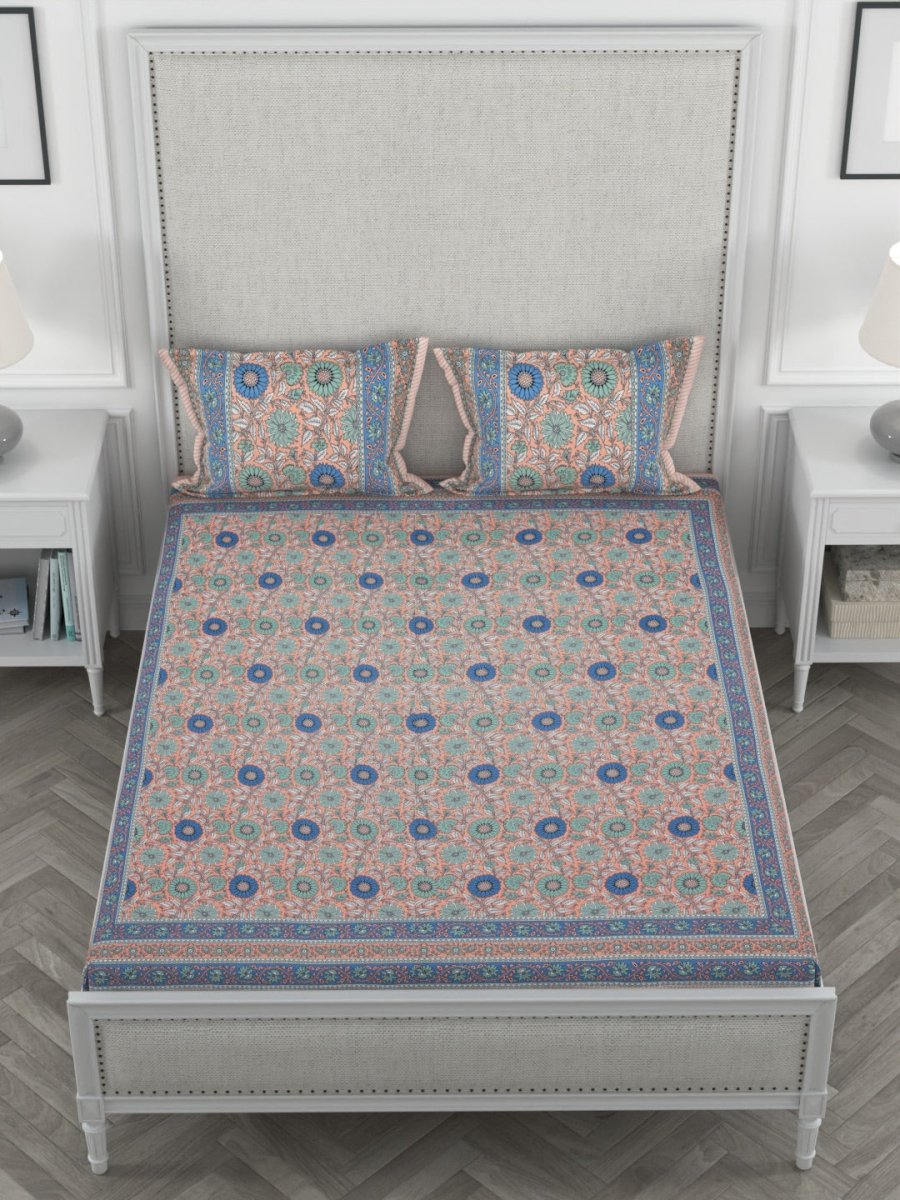 Multi Floral Print Pure Cotton King Size Bedsheet with 2 Pillow Covers | Verified Sustainable by Brown Living™