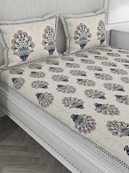 Multi Hand Block Printed Pure Cotton Super King Size Bedsheet with 2 Pillow Covers | Verified Sustainable by Brown Living™