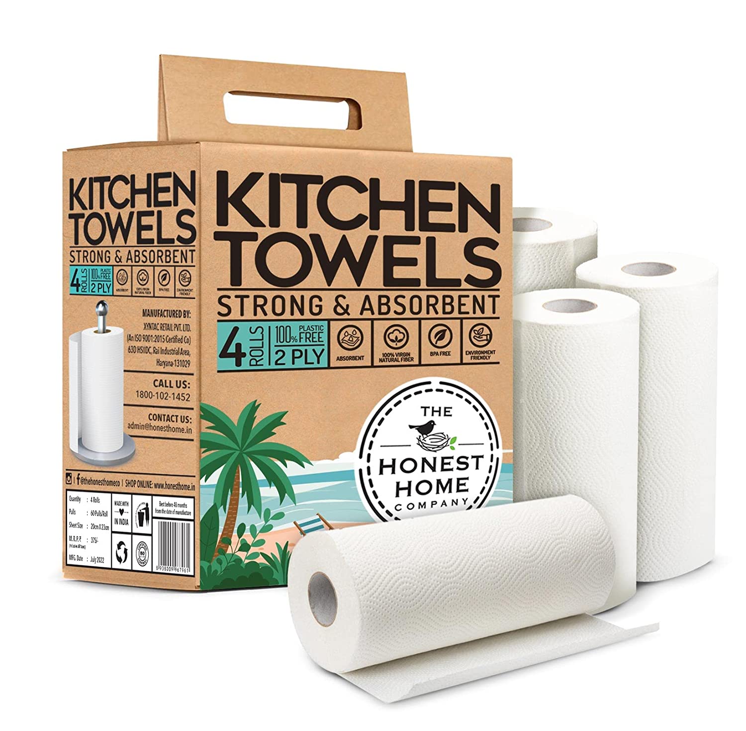 Multi - purpose 2 Ply Kitchen Tissue Paper Roll - 60 Pulls (Pack Of 4 Rolls) | Verified Sustainable by Brown Living™