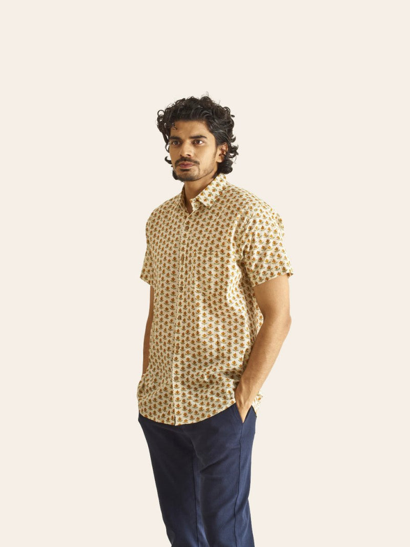 Buy Mustard Bud Printed Cotton Shirt | Shop Verified Sustainable Men Shirt on Brown Living™