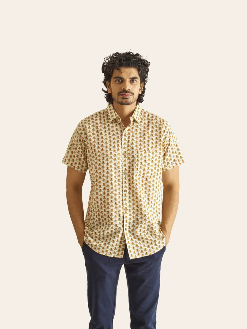 Buy Mustard Bud Printed Cotton Shirt | Shop Verified Sustainable Men Shirt on Brown Living™