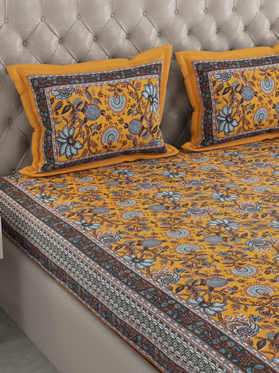 Mustard Floral Hand Printed Pure Cotton King Size Bedding Set | Verified Sustainable by Brown Living™