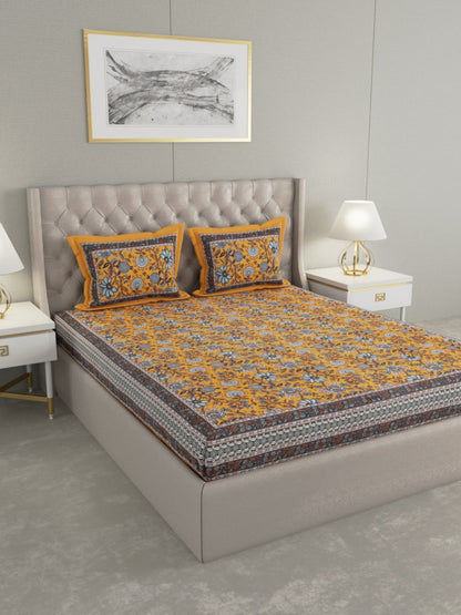 Mustard Floral Hand Printed Pure Cotton King Size Bedding Set – Bedding by Patricko available on Brown Living™. . SKU: WM - 154 - Mustard. Img 1.