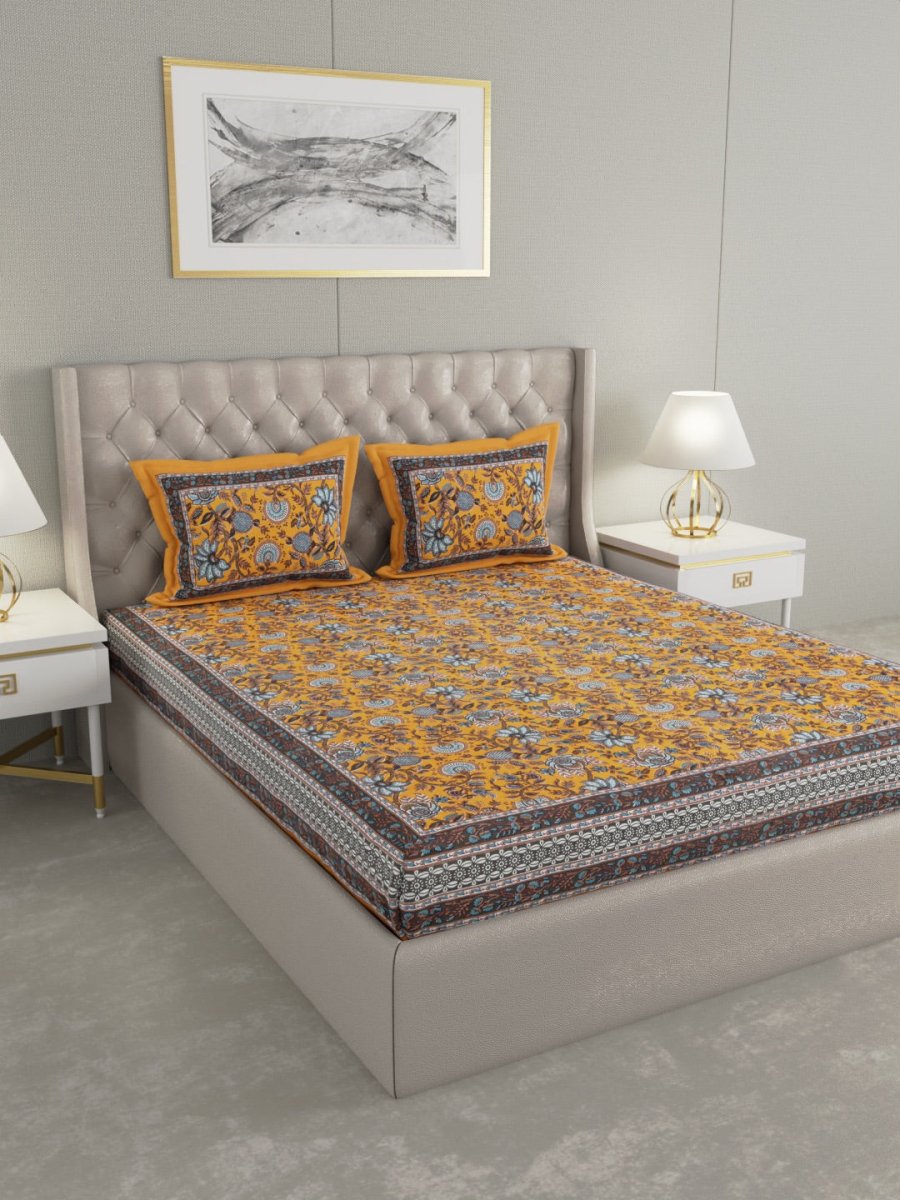 Mustard Floral Hand Printed Pure Cotton King Size Bedding Set | Verified Sustainable by Brown Living™