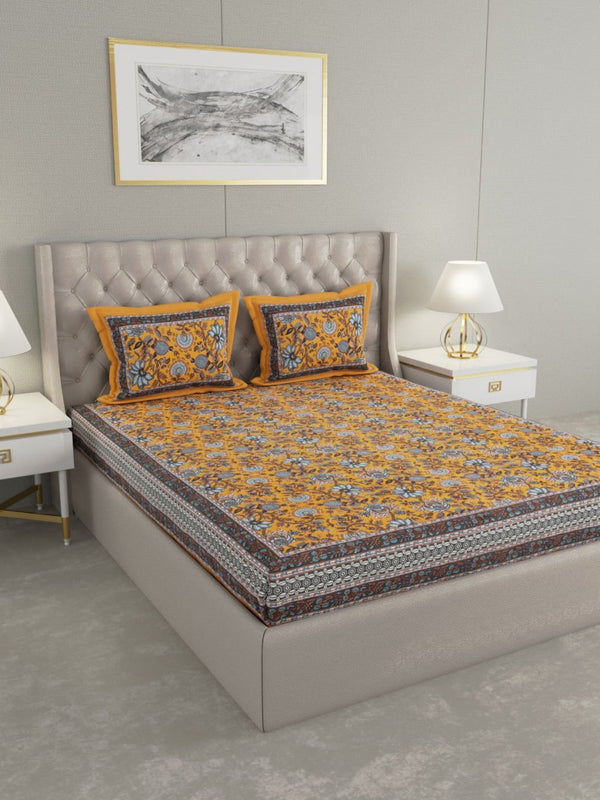 Buy Mustard Floral Hand Printed Pure Cotton King Size Bedding Set | Shop Verified Sustainable Bedding on Brown Living™