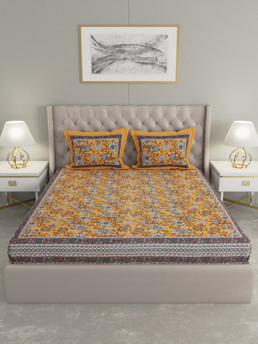 Mustard Floral Hand Printed Pure Cotton King Size Bedding Set | Verified Sustainable by Brown Living™