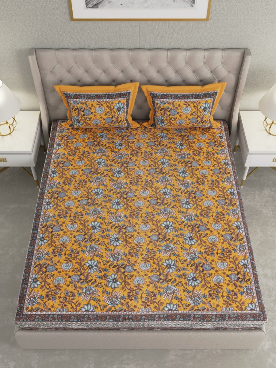 Mustard Floral Hand Printed Pure Cotton King Size Bedding Set | Verified Sustainable by Brown Living™