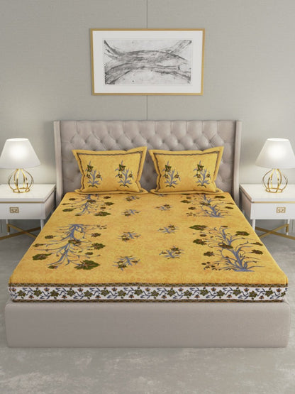 Mustard Hand Block Jaipuri Print Cotton King Size Bedsheet with 2 Pillow Covers | Verified Sustainable by Brown Living™