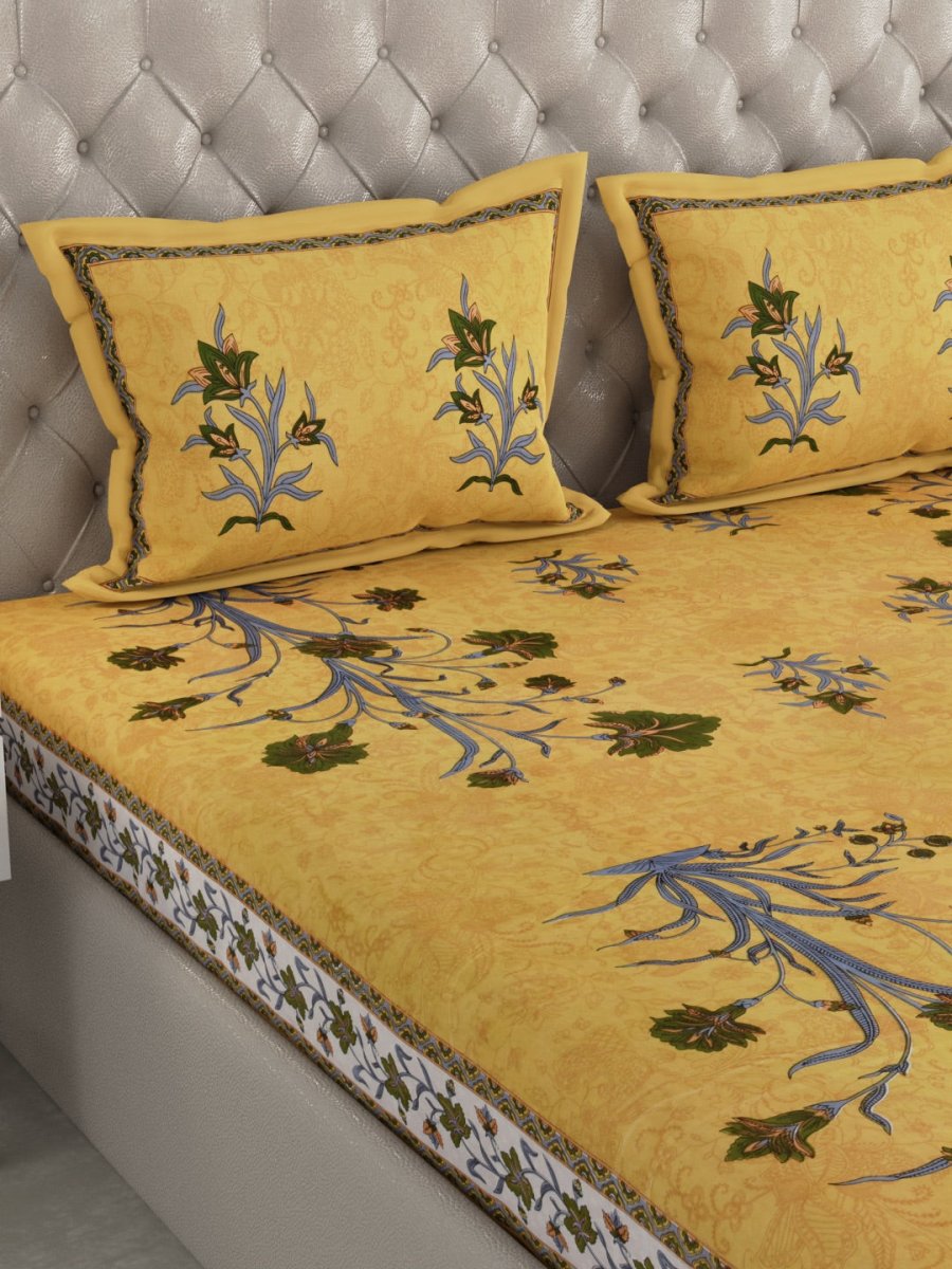 Mustard Hand Block Jaipuri Print Cotton King Size Bedsheet with 2 Pillow Covers | Verified Sustainable by Brown Living™