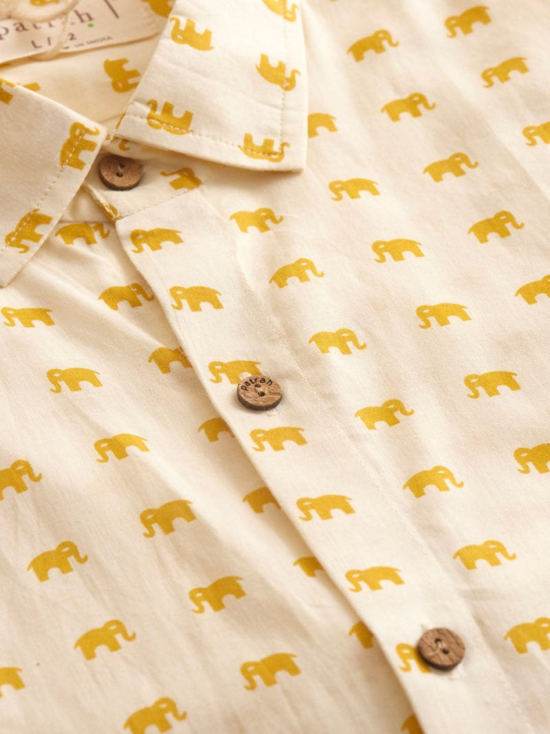 Buy Mustard Mini Elephant Printed Cotton Shirt | Shop Verified Sustainable Mens Shirt on Brown Living™
