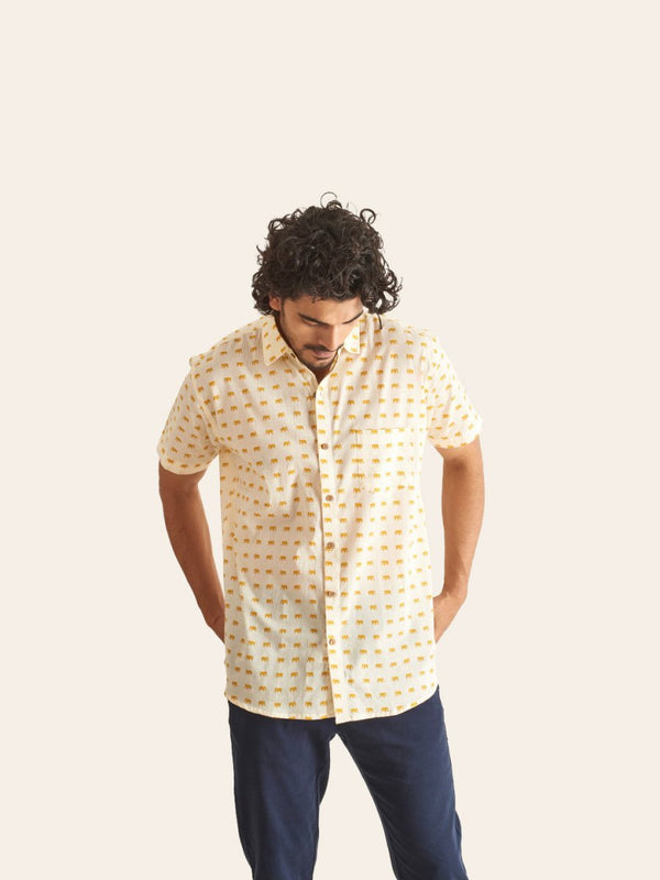 Buy Mustard Mini Elephant Printed Cotton Shirt | Shop Verified Sustainable Mens Shirt on Brown Living™