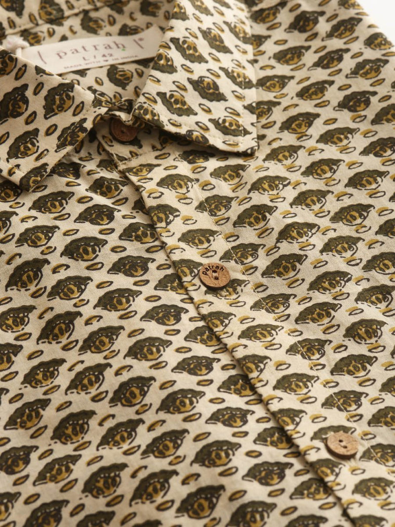 Buy Mustard Motif Ivory Handblock Printed Cotton Shirt | Shop Verified Sustainable Mens Shirt on Brown Living™
