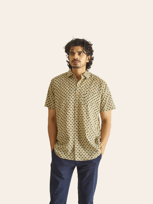 Buy Mustard Motif Ivory Handblock Printed Cotton Shirt | Shop Verified Sustainable Mens Shirt on Brown Living™