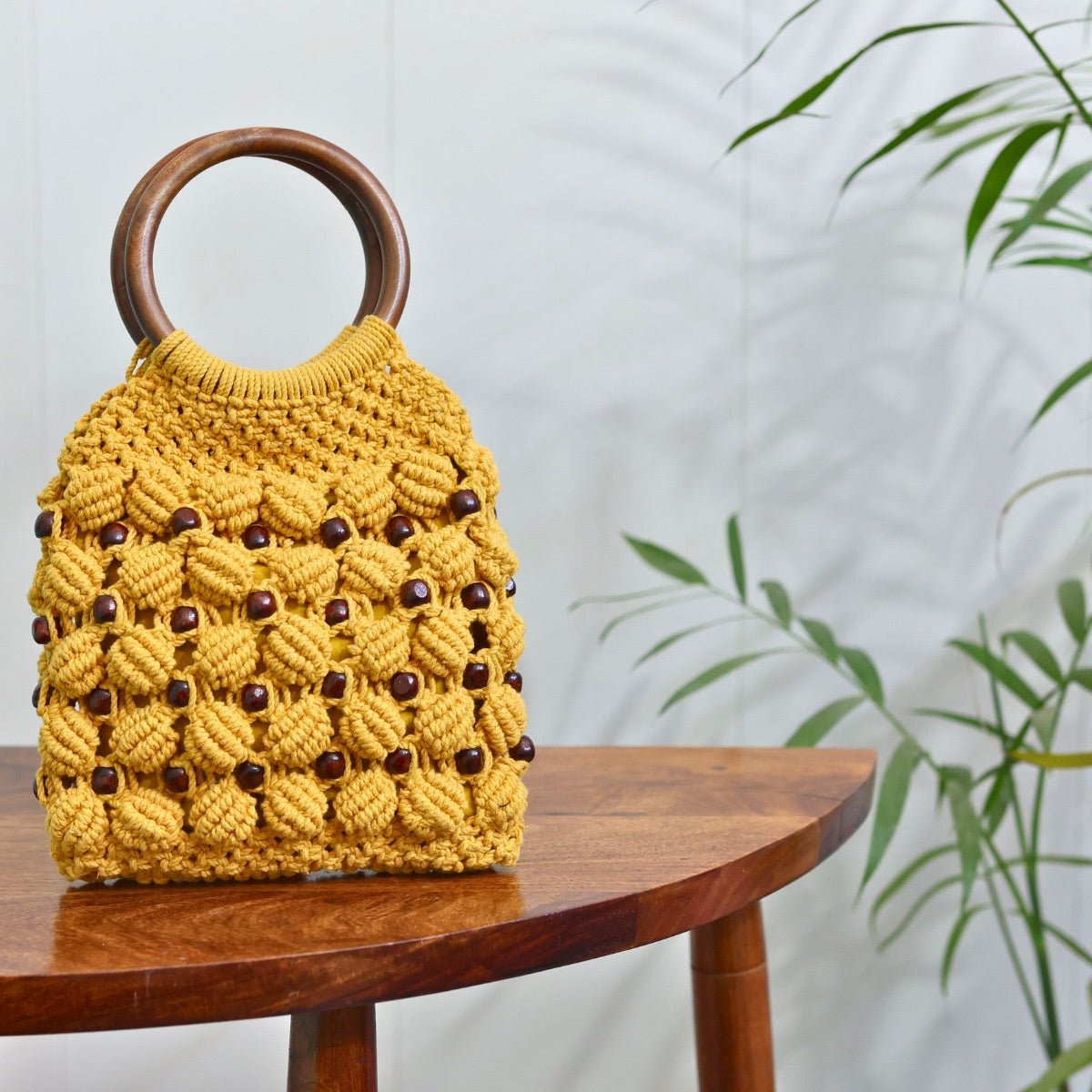 Musturd Yellow Ring Handmade Macrame Bag | Verified Sustainable by Brown Living™