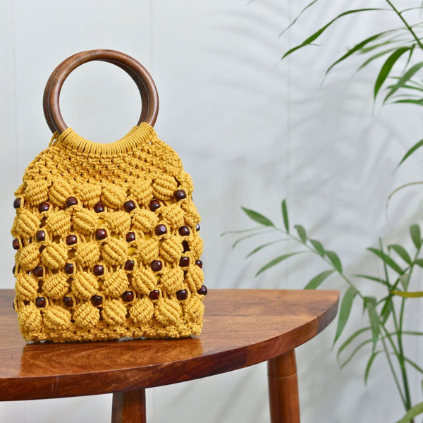 Musturd Yellow Ring Handmade Macrame Bag | Verified Sustainable Bags on Brown Living™