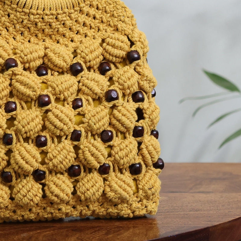 Musturd Yellow Ring Handmade Macrame Bag | Verified Sustainable by Brown Living™