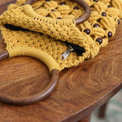 Musturd Yellow Ring Handmade Macrame Bag | Verified Sustainable by Brown Living™