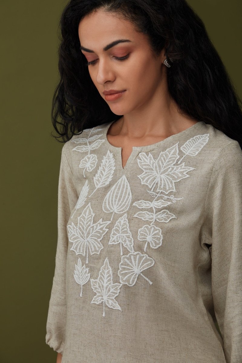 Natural Applique Linen Tunic | Verified Sustainable Womens Top on Brown Living™