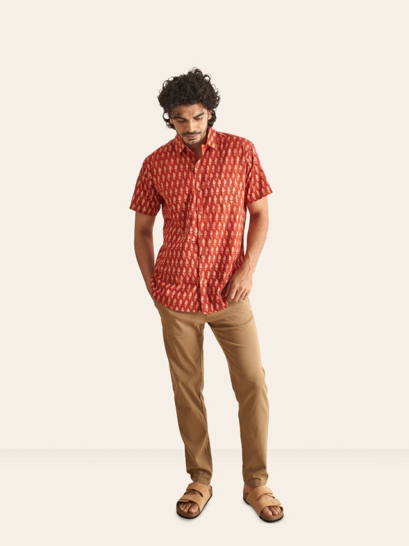 Buy Natural Dye Red Ethnic Motif Handblock Printed Cotton Shirt | Shop Verified Sustainable Men Shirt on Brown Living™