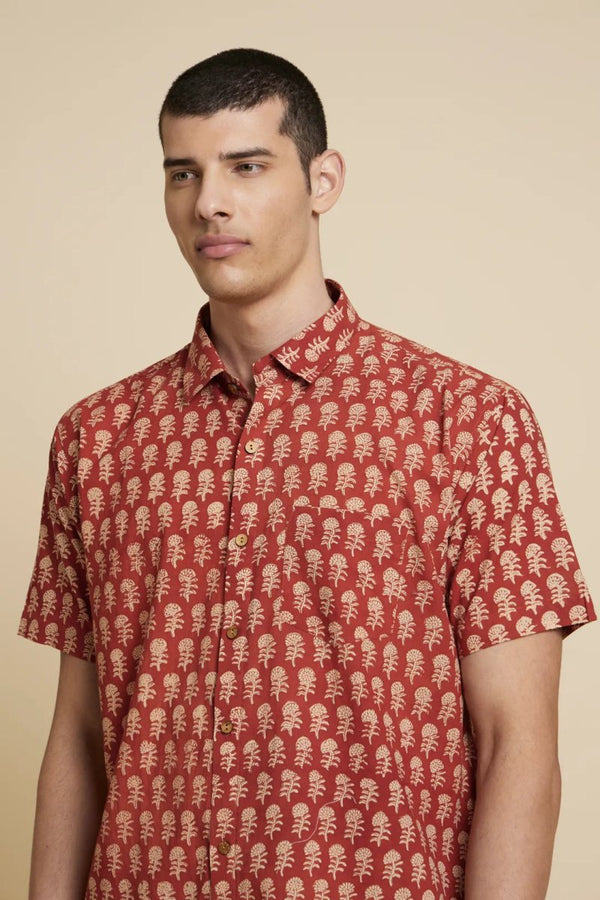 Buy Unisex Natural Dye Red Floral Handblock Printed Cotton Shirt | Shop Verified Sustainable Mens Shirt on Brown Living™