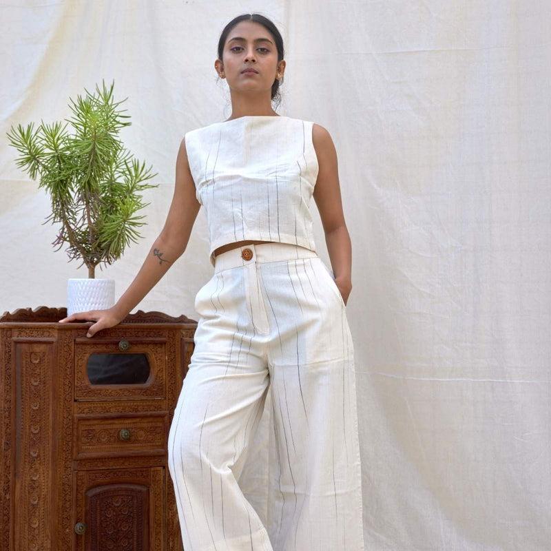 Buy Natural Stripes | High-Waisted Crop Pants | Shop Verified Sustainable Womens trouser on Brown Living™