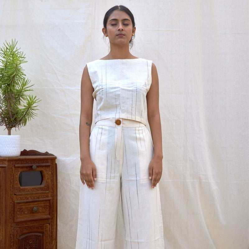 Buy Natural Stripes | High-Waisted Crop Pants | Shop Verified Sustainable Womens trouser on Brown Living™