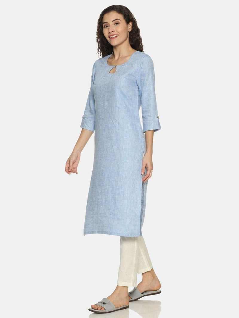 Buy Navy Blue Colour Solid Hemp Straight Long Kurta For Women | Shop Verified Sustainable Products on Brown Living